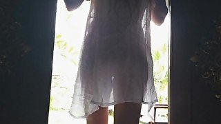 NO PANTIES fetish# PUBLIC without panties n transparent wet dress # Public flashing among bungalows