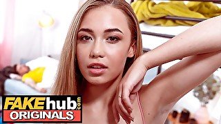 FAKEhub - Super cute 18 year old teen pranks college room mate and gets a deep big cock creampie