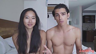 Young slim Asian with small boobs has romantic sex with her caucasian boyfriend