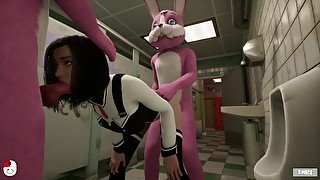 Silicon Lust double furry anal in school toilet