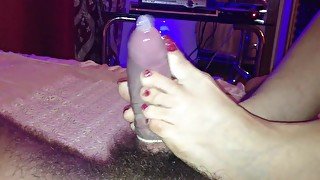 Amateur Giving Footjob To Uncut Schlong In Condom