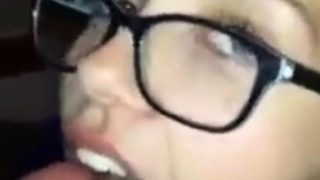 Girl with glasses gives blowjob but wasn't ready for cim