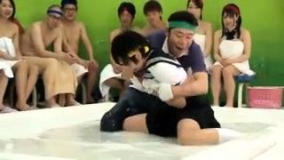 Luscious Oriental teens enjoy a wild group sex experience