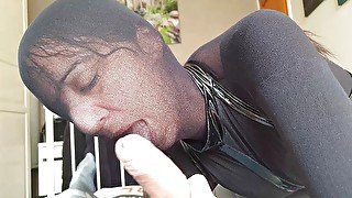 Cam POV blowjob black encasement nylon