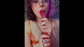 Sexy Hot Emo Girl Sucks Long Pink Veiny Dildo and Stares you in the Eyes