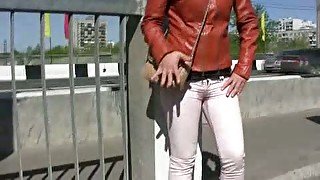 Depraved blonde Irina pees her pants in a public place