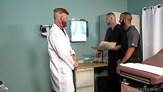 Gay threesome at the doctor's office with mature orderlies