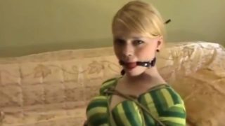 # ball gagged blonde chair tied