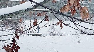 Hardcore tgirl strips and jerks herself in the snow