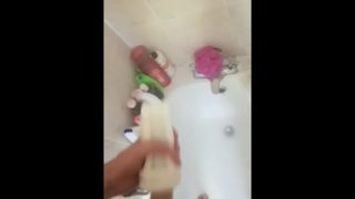 Bf using a fleshjack in the bathroom 