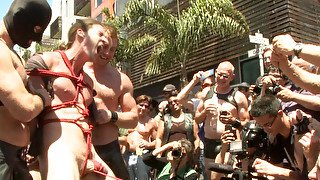 Bound hunk publicly tormented and gang fucked for his first Dore Alley