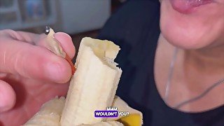 Mia giantess BBW eats a banana with her tiny