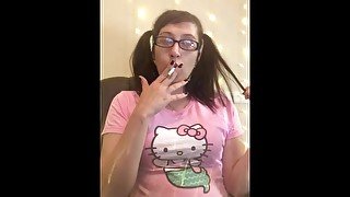 Chubby Goddess D in Pigtails Smoking Marlboro Light 100 - Nerdy Girl Wearing Glasses Smoking Cig