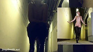 Naked challenge at factory hallway