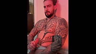 Tattooed hunk intensely moaned and cum after fucking his self passionately