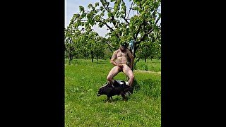 PEEING OUTDOOR # Naked and Hairy Farmer Make Piss Reclined on Tree in Orchard