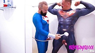 Superheroes showering off cum after sex session