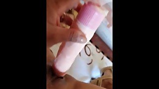 She comforts herself in the ass and pussy with 2 dildos while her husband is working