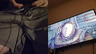 Straight Femboy almost gets caught jerking off while playing obivion om xbox one in the Living room