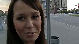 Sex-starved brunette whore gives hot blowjob in public