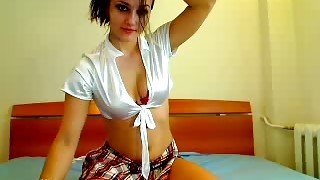 Jaw-dropping webcam model in plaid skirt loves masturbating