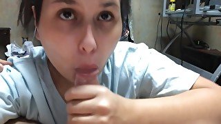 cute girl gives innocent blowjob sucking the cum out