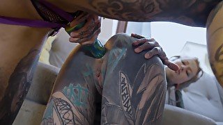 Inked babes Anuskatzz and Nux Vomica are strap-on fucking