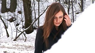 Magnificent and elegant redhead Russian teen pulls down her jeans and pisses on the snow