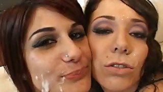 Two dirty lesbian sluts gives blowjob and gets messy facial