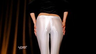 577 shiny white spandex pantyhose and heels