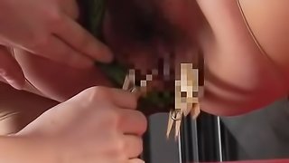 Asian slut gets clothespin attached to her lips with her tits out