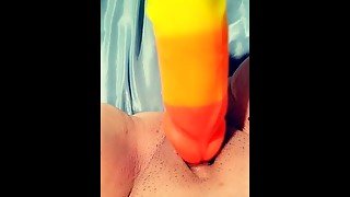 Trying out my new colorful suction dildo part 2