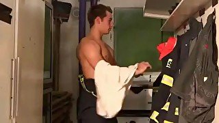 Two gay hunk firemen fuck in the locker room