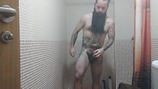 Solo male. Bearded & tattooed bear in the shower