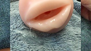 Fantasy sex with a prostitute, cock masturbation with a sex toy - creampie, cum on lips in mouth