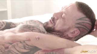 Two gorgeous chick make a huge tattoed guy cum