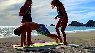 Threesome on a beach with hot blonde and sexy brunette and hot guy