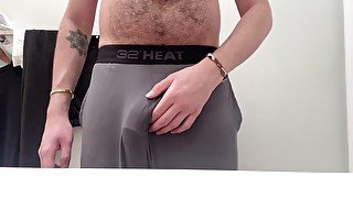 freeballing leads to jerking off my big hairy thick cock through the fly of my grey sweatpants