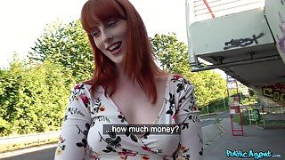 Redhead chick with trimmed pussy gives a BJ and rides in public