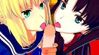 Fate/Stay Night: Fucking Rin and Saber at the Same Time (3D Hentai Uncensored)