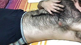 Very hairy man soft dick massage and hairy chest touch big bulge