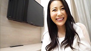 Smiling Japanese brunette MILF gets her tits licked and pussy fucked