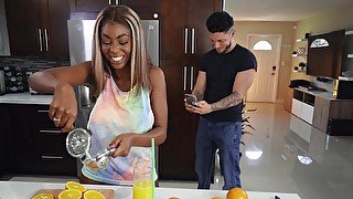 Ebony babe Tori Montana gets fucked hard by a white man in the kitchen