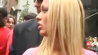 Sexy top on slutty blonde in public