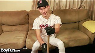 Boy in cute baseball uniform strips naked