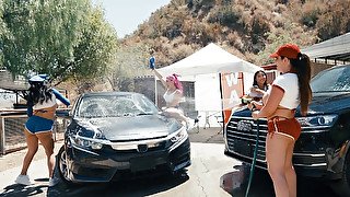 Busty and curvy girls after carwash intense lesbian session