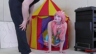 Submissive too pale gal in pink wig has to lick her dominant stud's ass