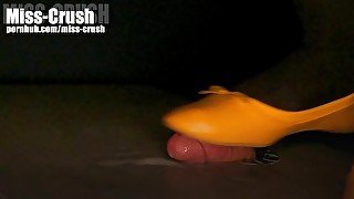 Cock crush under yellow flat shoes with cumshot