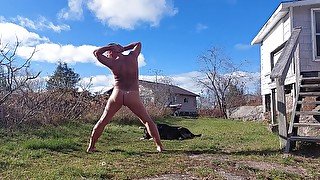 Sunny November naked outside cottage