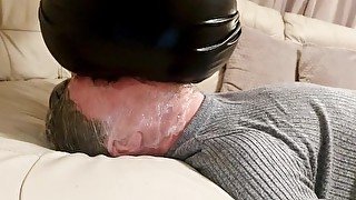 Femdom Facesitting torture in sexy Black latex dress with legjob+handjob cumshot by petite mistress